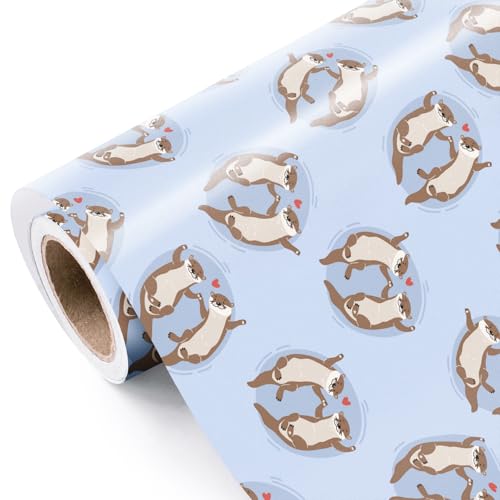 WRAPAHOLIC Birthday Otter Wrapping Paper Roll - Mini Roll - 17 Inch x 16.5 Feet - Cute Cartoon Otter with Hearts Wrapping Paper Perfect for Men Women, Friends, Birthday, Wedding, Valentines Day