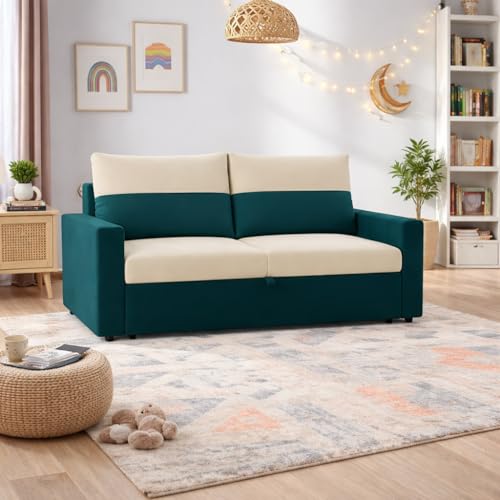 Image of SOCOZI Enrique 2-Seater Pull-Out Sofa Cum Bed | Soft Velvet Suede Fabric, Convertible Sofa Bed for Bedroom (Green Teal-Cream)