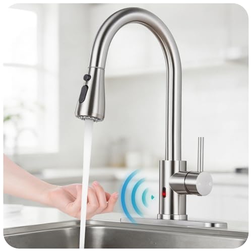Image of Brushed Nickel Touchless Kitchen Faucet with Pull Down Sprayer | Touchless Motion Sensor, 3-Min Auto Shutoff, 3 Spray Modes, 360 Swivel Spout, RV Laundry Bar Sink, NSF372 NSF61 cUPC