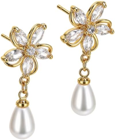 JATEBI Gold Flower Pearl Cubic Zirconia Drop Earrings for Women