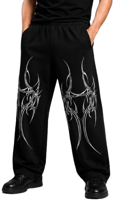 Unisex Y2K Baggy Graphic Sweatpants | Grey Wide Leg Streetwear Joggers with Black Tribal Print | Relaxed Fit Alternative Lounge Pants-image-49