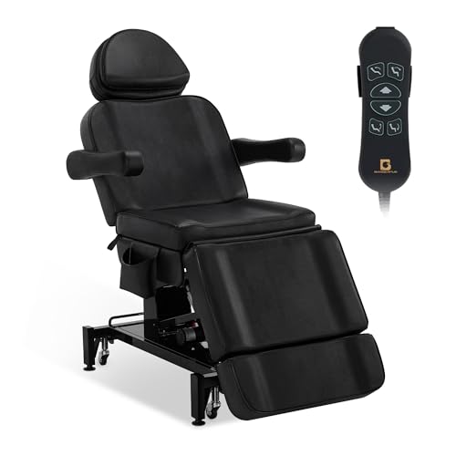 BarberPub Camilla de estética eléctrica con 3 Motores, Camilla de Masaje Plegable y Ajustable 18 cm, reposabrazos giratorios a 180°, para salón de SPA 0754 (Negro/Cuero sintético)