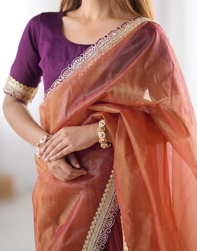 Image of SIRIL Women's Shimmer Net Lace Border Dual Tone Saree with Unstitched Blouse Piece