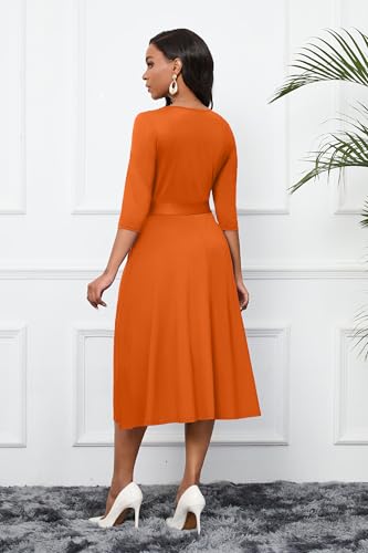 Image of CLOCOR Midi Dresses for Women Casual A-Line Fit and Flare Dress Crewneck 3 /4 Sleeve Keyhole Cocktail Party Church Dress