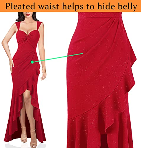 Image of VFSHOW Womens Glitter Sweetheart V Neck Twist Front Backless Ruched Ruffle Slit Formal Evening Gown Maxi Dress