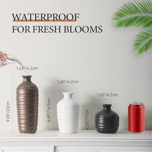 Ceramic Vase Set of 3 Neutral Decorative Vase for Farmhouse, Boho, or Rustic Home Decor Pottery Vases for Living Room Bathroom Table Mantel Fireplace Entryway Shelf (01-Metallic)