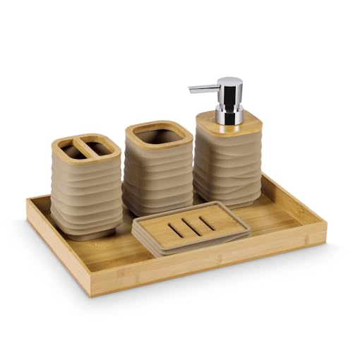 Image of Freelance Portofino ABS Bathroom Accessories Set of 5, Cappuccino - Liquid Handwash Soap Dispenser, Brush /Toothbrush Holder, Tumbler, Dish, Tray - Plastic Set for Wash Basin - Stronger Than Ceramic