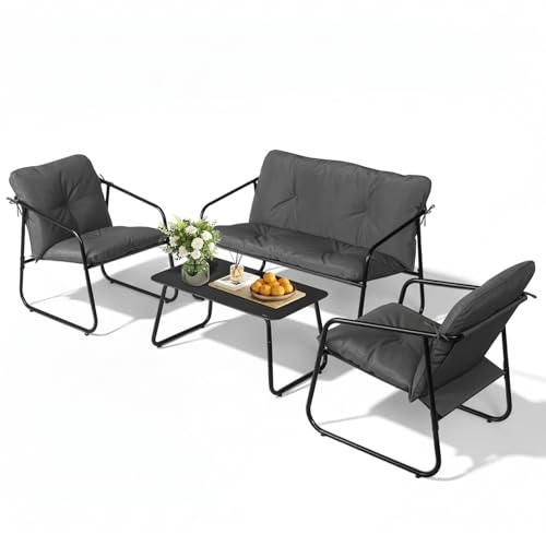 Bonnlo Conjunto de Jardín Exterior de 4 Piezas con Cojines Gruesos, Sofá y Sillones de Acero, Mesa de Centro con Cristal Templado para Terraza, Patio o Balcón, Gris