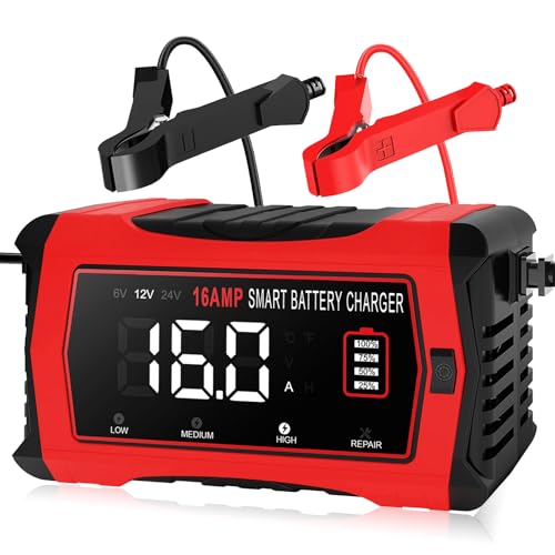 16-Amp Battery Charger, 12V 24V Lithium LiFePO4 Lead Acid Car Battery Charger 10-Stage Trickle Charger Smart Battery Mai - Detailed View