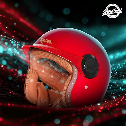 Image of Steelbird SBH 65 Retro 3.0 DOT and ISI Certified Open Face Helmet for Men and Women (Medium 580 MM,Glossy Cherry Red)