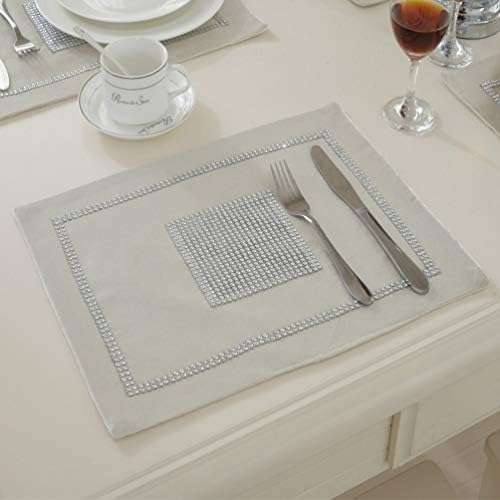 San Tungus Pack of 4, 12x16 Inches Sequin Table Placemat Sequined Rhinestone Table Mats for Dining Table, Creamy White