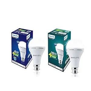 PHILIPS Base B22D Inverter Bulb 8 And10 Watt Combo Rechargeable Emergency Led Bulb (Cool Daylight) - White, Pack Of 2
