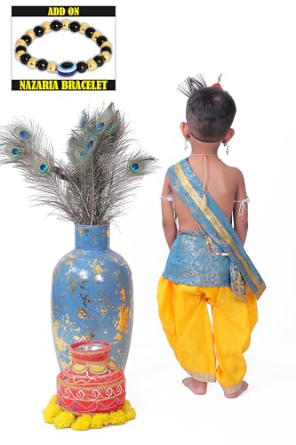 Image of Krishna Dress for Kids, Baby Krishna Dress for Janmashtami with Krishna Mukut, Peacock Feather & Flute Embroidered Krishna Costume for Girl & Boy, 3 Months-8 Years