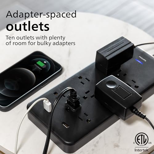 Image of Philips Surge Protector Power Strip, 6 Ft Braided Extension Cord, 2880 Joules, 10 Outlet Extender (Wide Spaced), 2 USB-A, Flat Plug, Home Office Dorm Essentials, ETL Listed, Black, SPP3403B /37