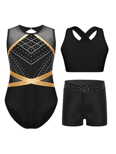 Agoky Maillots De Gimnasia Niña Leotardo Sin Mangas con Leggings Cortos Y Chaleco Maillot De Patinaje Artístico Traje De Competición Negro 11-12 años
