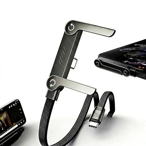 Image of 240W Type C Cable, 2 in 1 Fast Charging Braided USB C to USB C Cable with Foldable Stand, 90 Elbow Design for Gaming, Nylon Braided, 1.5M, Black