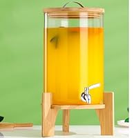Getränkespender mit Ständer, 10L Getränkespender aus Glas mit rostfreiem Wasserhahn, Getränkespender mit Bambusständer, Eiskalt- oder Heißgetränkespender für Partys