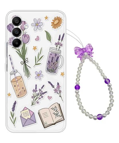 Image of Printed Back Cover For Samsung Galaxy A15 5G Back Case With Phone Charm Chain Strap Beads & Pearls For Girls Stylish - Purple Cute stickers girly phone case floral trendy design - D17035