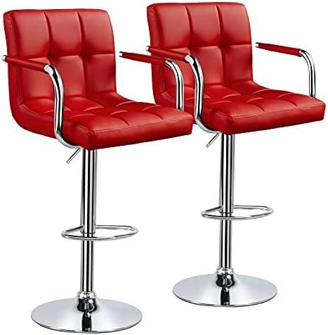 Yaheetech Tall Bar Stools Set of 2 Modern Square PU Leather Adjustable BarStools Counter Height Stools with Arms and Back Bar Chairs 360 Swivel Stool, Red