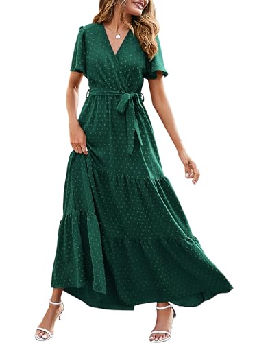 Image of MASCOMODA Women Boho Swiss Dot Maxi Dresses Wrap V Neck Flutter Short Sleeve Solid Tie Waist A Line Tiered Flowy Long Dresses