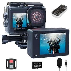 Caméra Sport 4K 48MP avec Carte 128GB, Action Cam Double Écran Tactile WiFi, Stabilisation EIS, Camera Étanche 40M avec Télécommande, 2 Batteries 1350mAh et Kit d’Accessoires, Idéal pour Vlog/Plongée