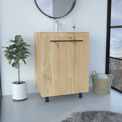 Free Standing Sink Cabinet, Light Oak Finish, Double Door Design, Two Shelves, Four Legs