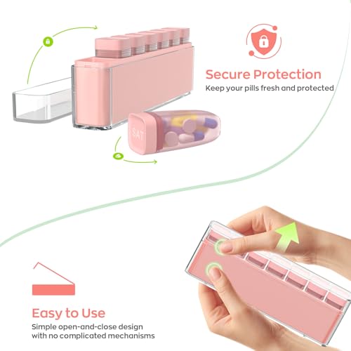 Image of HIONXMGA Color-Coded Weekly Pill Organizer Once Daily, Detachable 7 Day Travel Pill Box with Upgraded Sealing Lids, Large Portable Pill Case for Medication, Vitamins, Supplements & Fish Oils, Pink