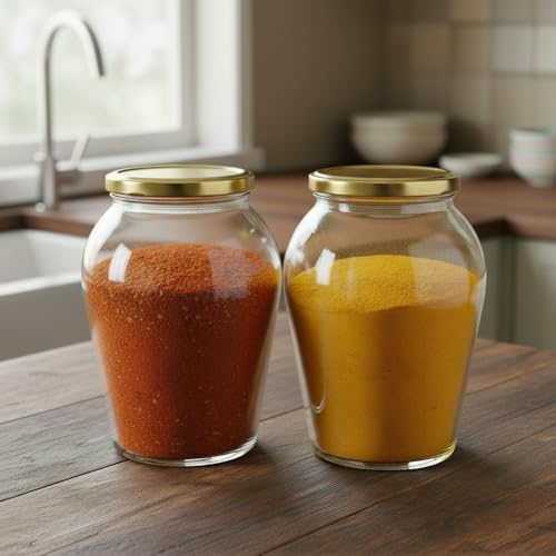 Image of ginoya brothers 1 Liter Matka Shape Glass Jar and Glass Container for Kitchen with Air Tight Lid-Pack Of 2