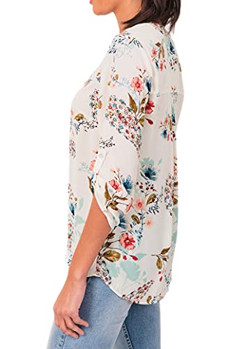 Dr2 By Daniel Rainn V Neck 3/4 Roll Tab Sleeve Woven Top (D182, L) #TOP1