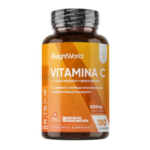 Vitamina C 1000mg con Bioflavonoides y Rosa Mosqueta, 180 Comprimidos Veganos (6 Meses) - Contribuye al Funcionamiento Normal del Sistema Inmunitario (EFSA), Sin Estearato de Magnesio ni OGM