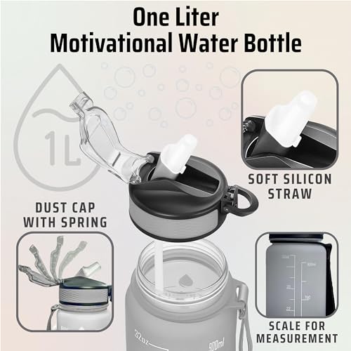 Repton 1L Sports Water Bottle with Motivational Time Marker, Black & White, 1000 ml - Image 2