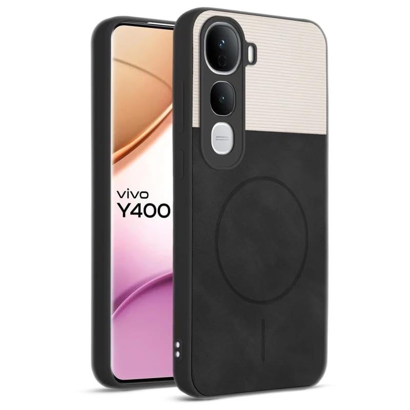 Image of Bintage case Dual-Leather Macc-Safe Design Phone Case| Soft Touch Finish | Full Camera Protectection Back Cover Compatible for Vivo V2439 / Vivo Y400Pro - White & Black