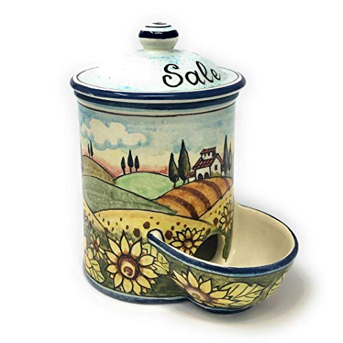 CERAMICHE D'ARTE PARRINI- Italian Ceramic Jar Salt Holder Decorated Sunflower Landscape Hand Painted Made in ITALY Tuscan Art Pottery