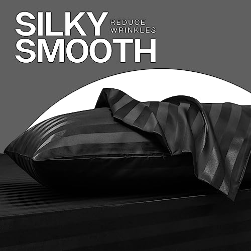 Image of MR&HM Satin Pillowcase for Hair and Skin, Silk Satin Pillowcase 2 Pack, King Size Pillow Cases Set of 2, Silky Pillow Cover with Envelope Closure (20x36, Black Striped)