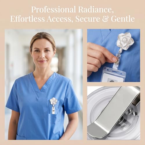 Hyloxs Badge Reel for Nurse Medical, Bling Camellia Flower Retractable ID Badage Holder for Occupational Therapy Gifts Funny Badge Holder for Teachers Students Employees ID Badge — view 4