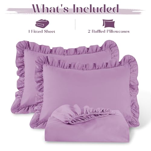 Image of Homiest 3-Pieces Ruffle Pillow Case & Fitted Sheet Set, Lavender Full Sheets with 2 Ruffled Pillow Shams, 15 Inch Deep Pocket, Cute & Coquette Microfiber Bed Set for Decorating Bedroom Hotel