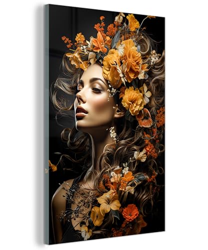 MuchoWow© Image sur Verre 80x120 cm Art Mural Décoration pour la Chambre Tableau sur Toile Peinture Déco Murale Moderne Salon Femme - Fleurs - Portrait -...