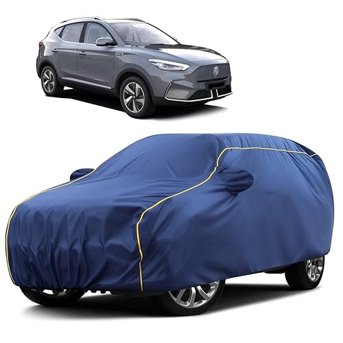 Image of Sulfar 100% Water Resistant Car Body Cover Compatible with Mirror for MG ZS EV (Triple Stitched, Full Bottom Elastic, Blue Taffeta with Yellow Piping)