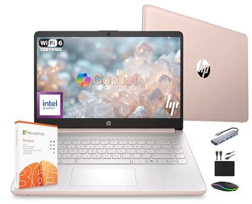 HP 14 Laptop Computer 2025 Ultra Light, AI Copilot Student Business, Quad-Core Intel, 16GB RAM, 628GB Storage (128GB UFS+ 500GB Ext), 1 Yr Office 365, 12 Hr Battery MarxsolAccessory Win 11S, Rose Gold