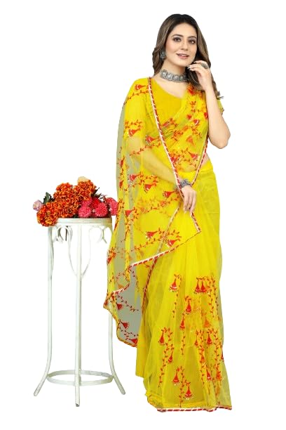 BARKIYA CREATION Women's Embroidered Work Net Fabric Saree With Unstitched Blouse Piece