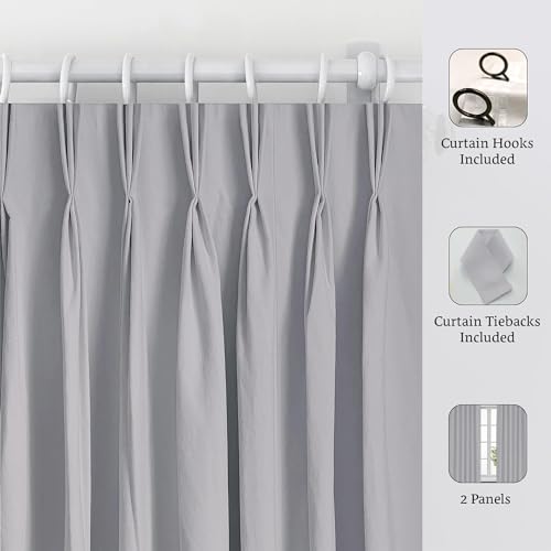 Image of Triple Pinch Pleated Blackout Curtains Thermal Insulated Room Darkening Curtains for Bedroom /Livingroom Pack of 2 Panels, Tiebacks, Hooks (Silver)
