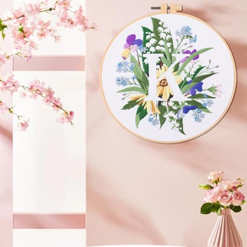 Image of IUHUI Embroidery Kit for Beginners Adults - 26 Floral Letters Easy Patterns, DIY Hand Stitching Embroidery Set with Hoop (Flower and Grass Letter K)