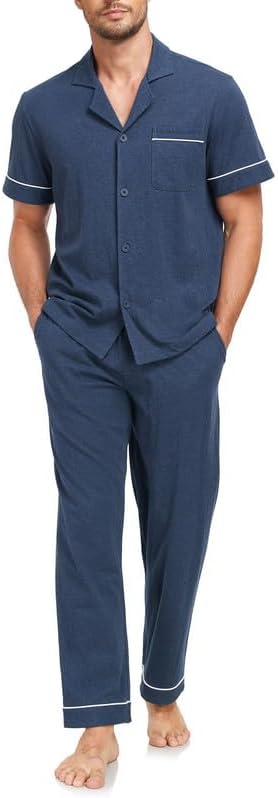 COLORFULLEAF Men's 100% Cotton Pajamas Set Button Down Short Sleeve Sleepwear Long Pants Pjs for Men with pockets