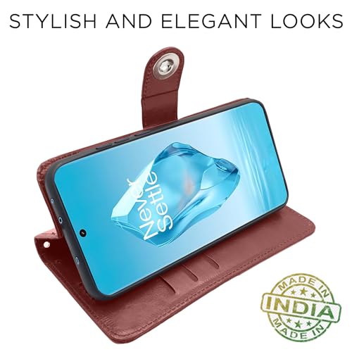 Image of Pikkme OnePlus 12R 5G Flip Cover Leather Finish | Inside TPU with Card Pockets | Wallet Stand and Shock Proof | Complete Protection Button Flip Case (Brown)