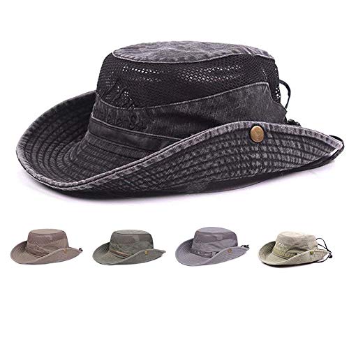 Obling Sombrero sol algodón protección UV,sombrero verano,sombrero playa,sombrero safari boonie,sombrero pesca plegable con malla transpirable correa ajustable para barbilla- hombres mujeres(negro)