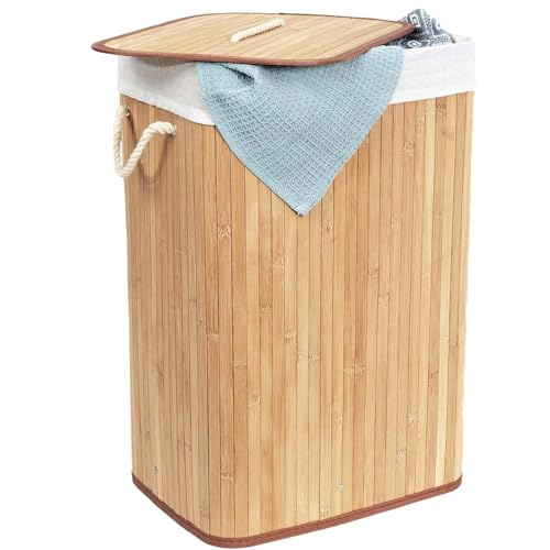 Cesto Ropa Sucia con Tapa - 72L Cesta de Lavandería de Bambú, Plegable, con Bolsa Lavable Extraíble, Asas, para Lavandería y Dormitorio (40x30x60cm)