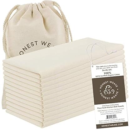 HONEST WEAVE GOTS-zertifizierte 100% Bio-Mehl Sack Baumwolle Küche Hand und Geschirrhandtuch-Sets – Extra Groß 68,6 x 68,6 cm, voll gesäumt, 12 Stück, Naturbraun