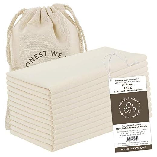 HONEST WEAVE GOTS Certified 100% Organic Flour Sack Cotton Kitchen Hand and Dish Towel Sets - Extra Large 27x27 inches, Fully Hemmed, 12-Pack, Natural Tan