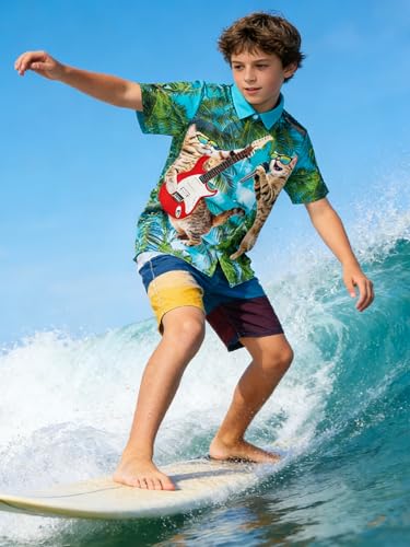 Image of uideazone Boys Hawaiian Shirts Novelty Printed Funky Short Sleeve Button Down Shirt Kids Aloha Luau Shirt 7-14T