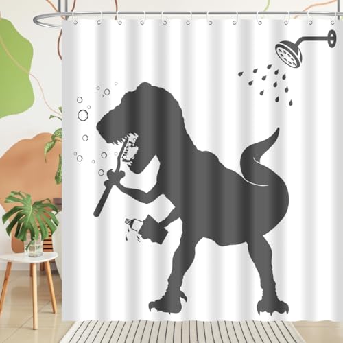 Image of Dinosaur Shower Curtain Funny Dino for Kids Boys Bath Curtain Trex Silhouette Animal Shadow Cartoon Black White Bathroom Waterproof Polyester Fabric 72Lx72W Inch with Hooks